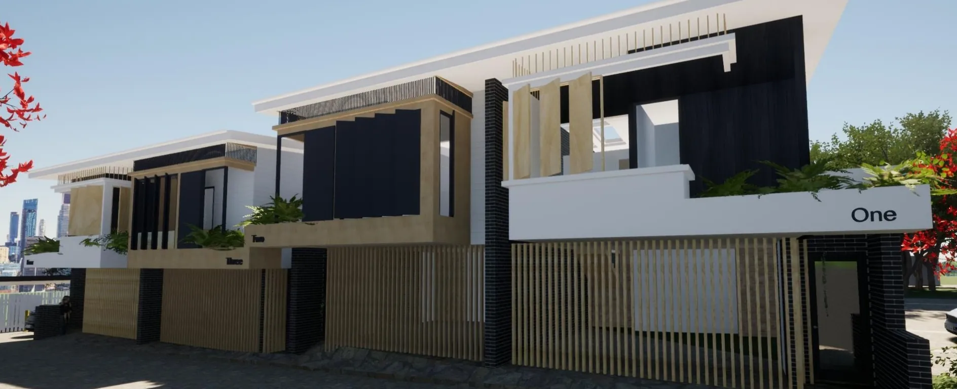 Overflow Estate — architectural render of modern four-bedroom townhouse facades