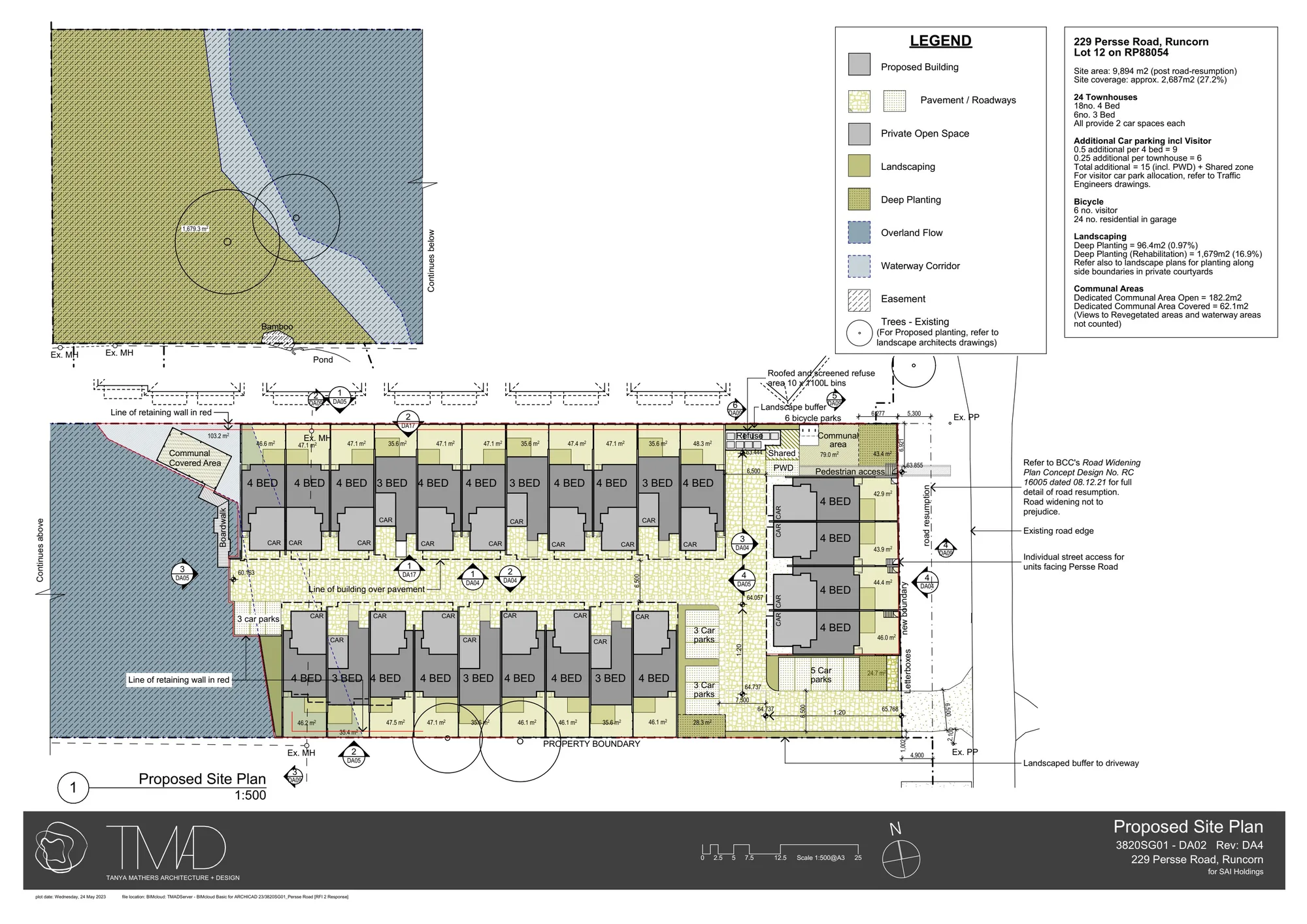 Overflow Estate proposed site plan showing 24 townhouses, communal open space and waterway corridor planting