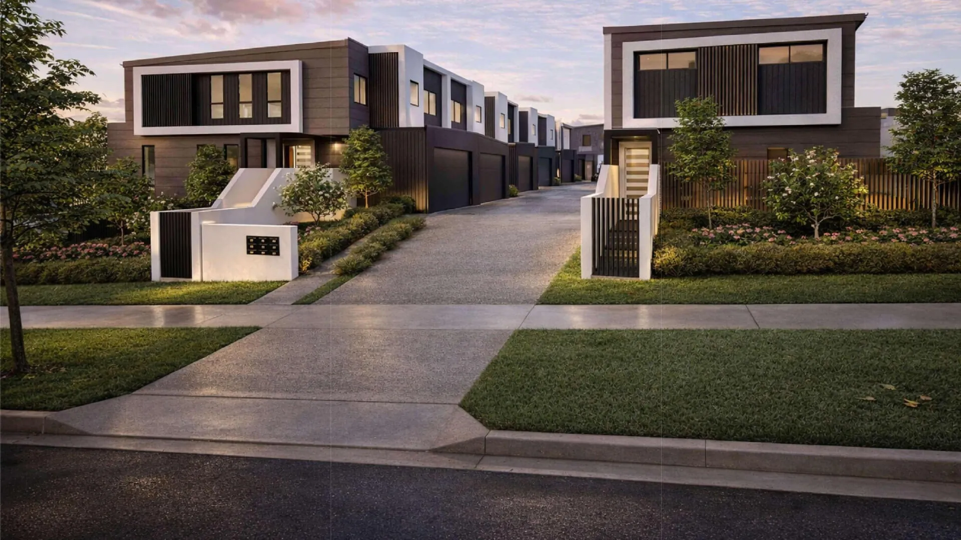 Santosh — street entry render at dusk, South Toowoomba
