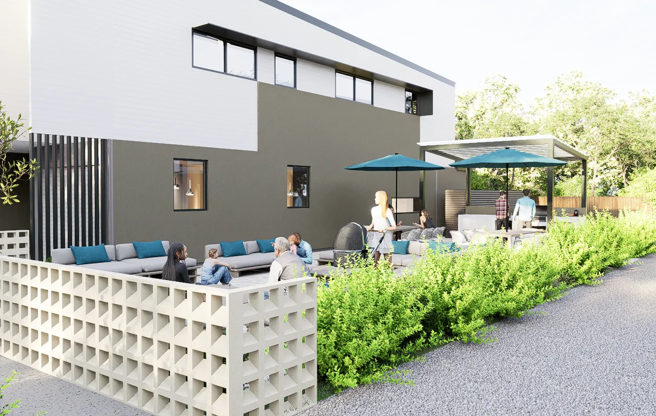 SAVI communal lounge and pergola with residents