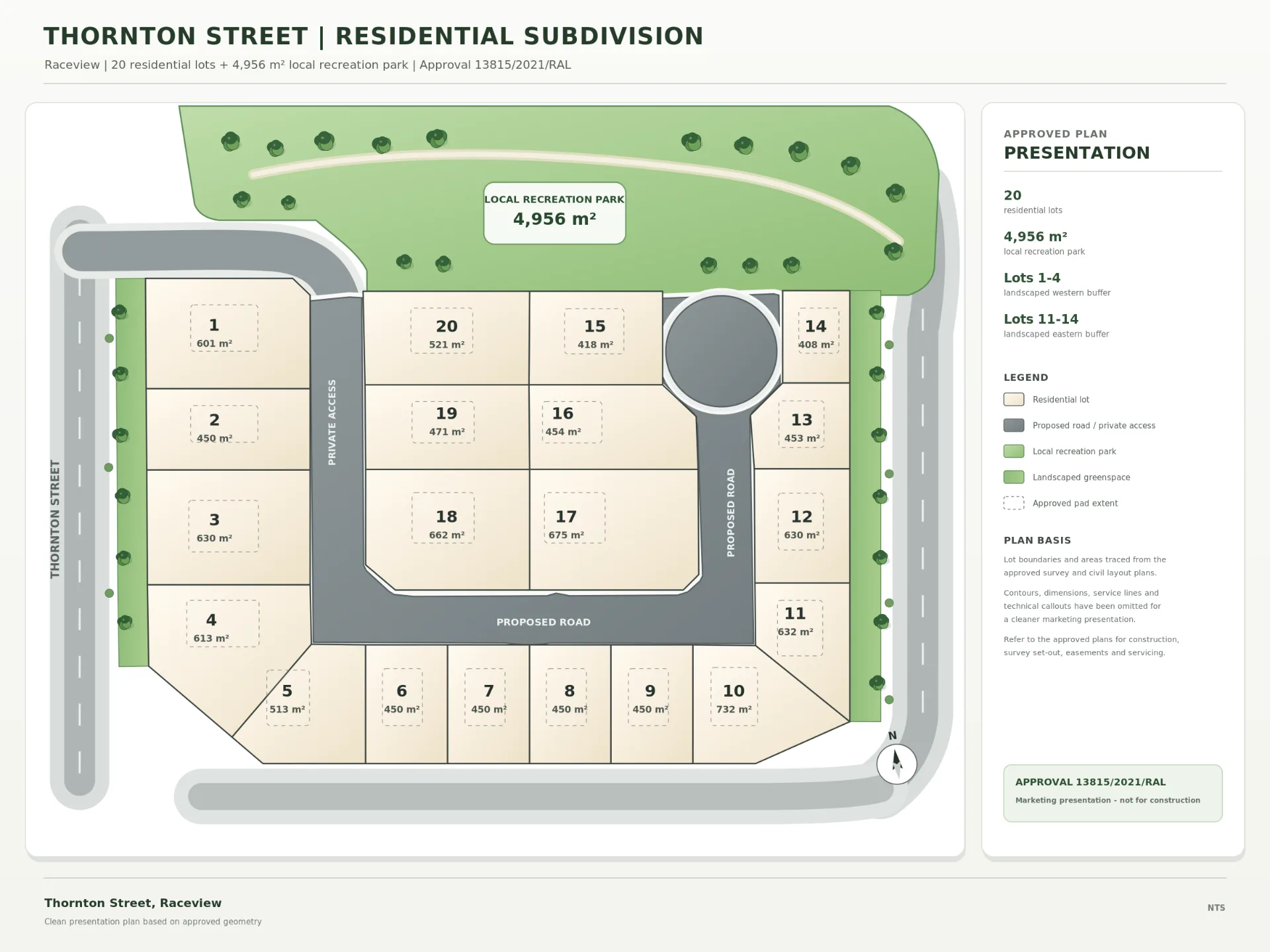 Soham approved marketing plan showing 20 allotments, internal roadway and the 4,956 m&sup2; parkland
